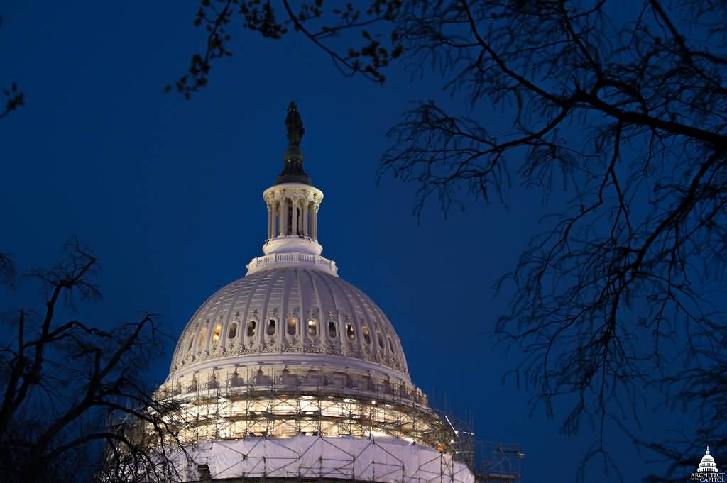 Closeup Of The Dome Of United States Capitol At Night
