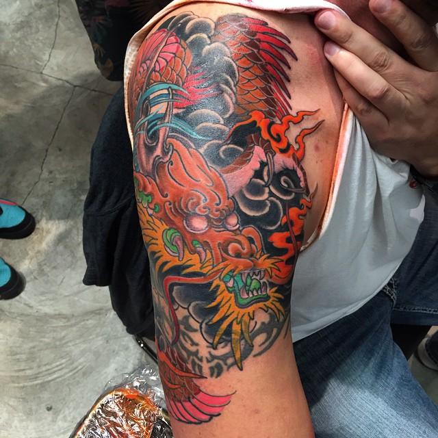 Color Dragon Tattoo On Right Shoulder by Chris Nunez