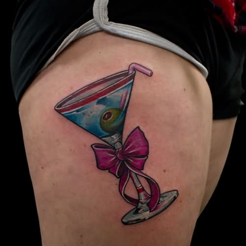 Color Ink Martini Glass Tattoo On Girl Right Thigh