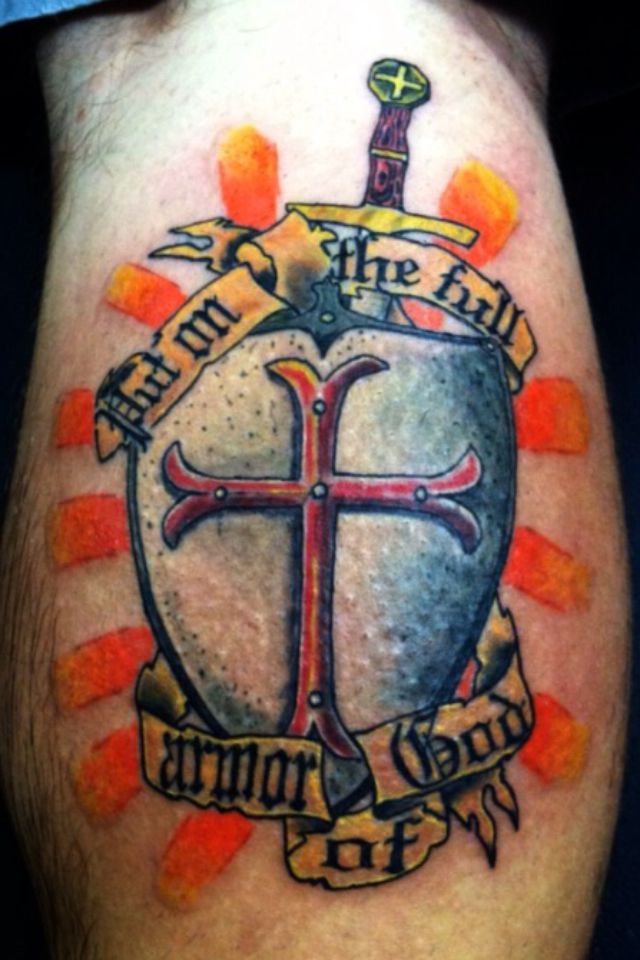 Colored Armor Of God Tattoo On Forearm
