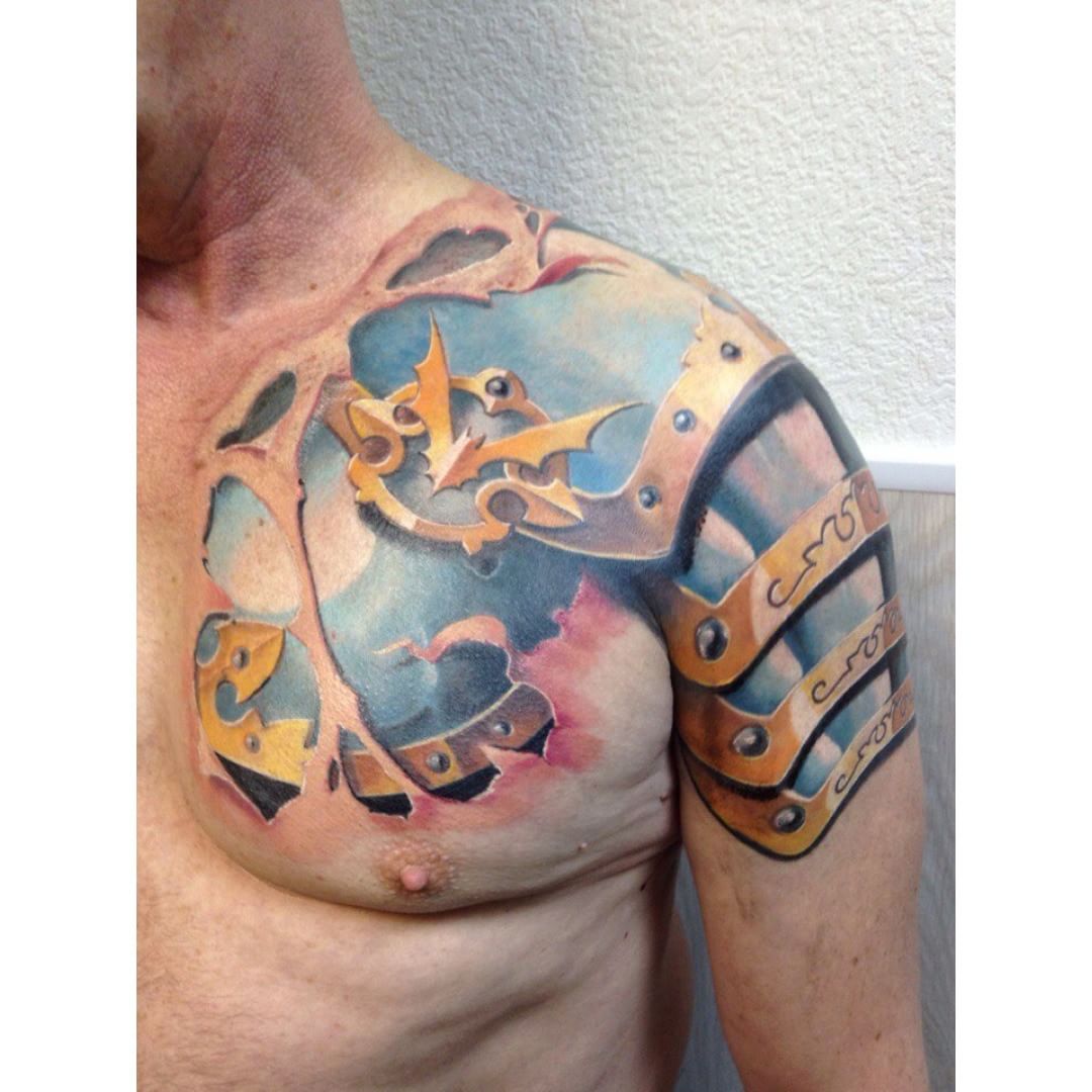 Colorful 3D Armor Tattoo On Upper Shoulder For Men