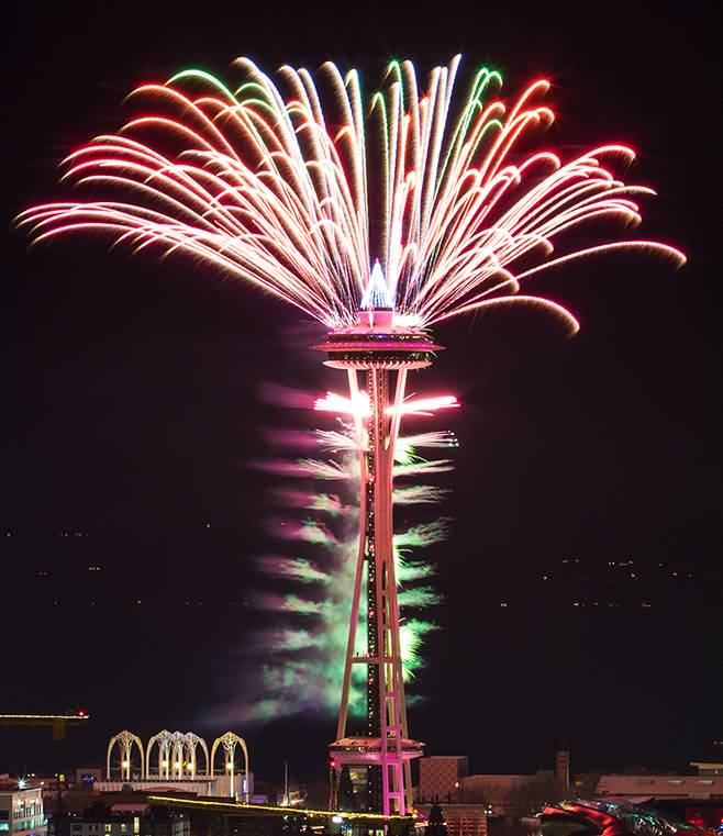 Colorful Fireworks Over The Space Needle Tower At Night In Seattle