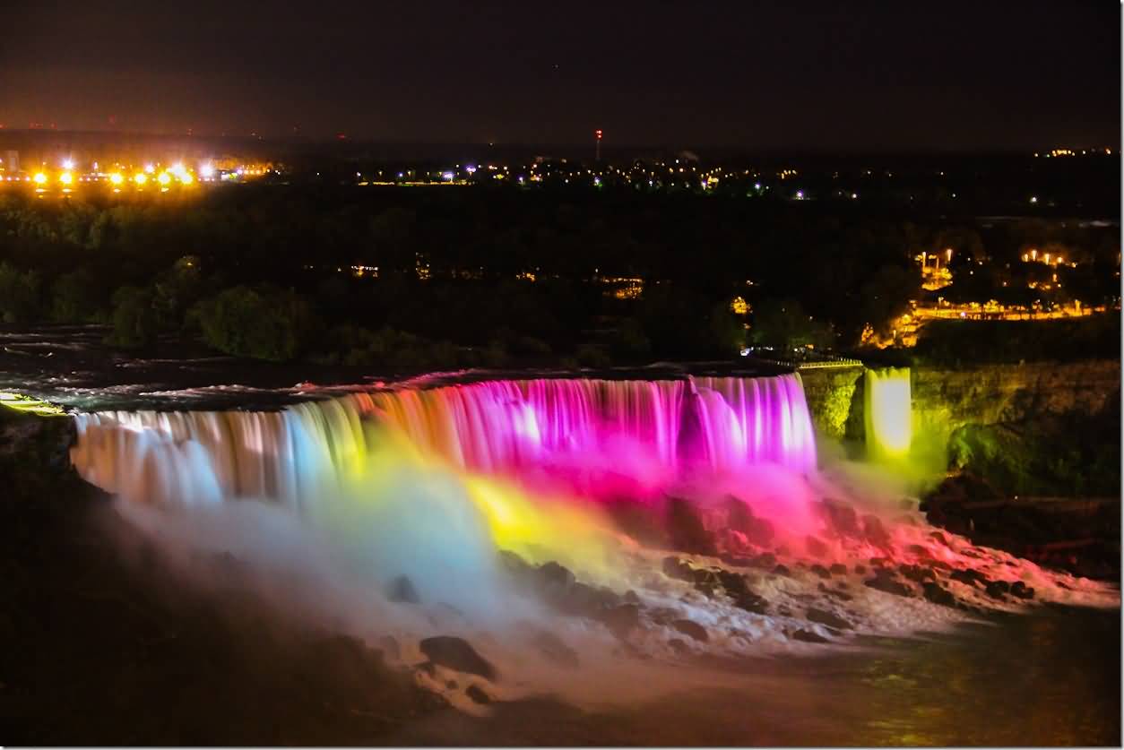 Colorful Lights On Niagara Falls At Night