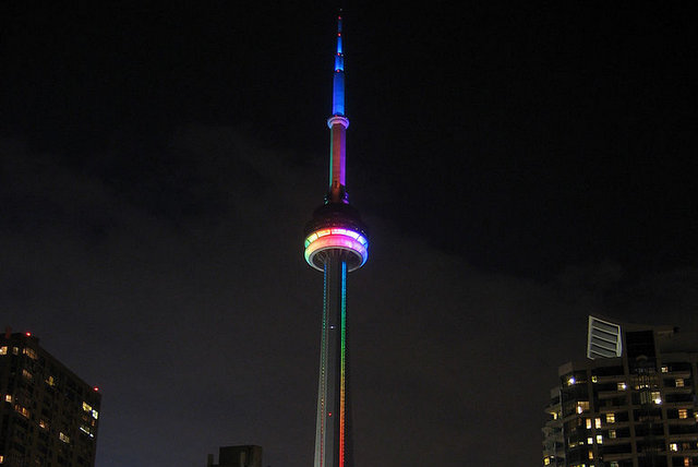 Colorful Lights On The CN Tower At Night