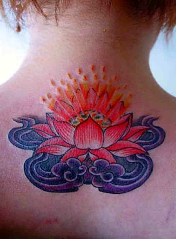 Colorful Lotus In Water Tattoo On Upper Back For Girls