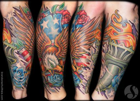 Colorful Patriotic Flying Eagle Tattoo On Leg