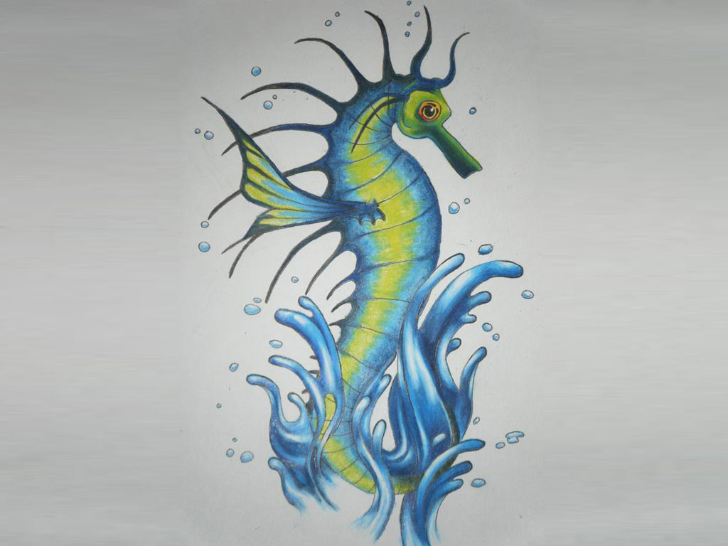 Colorful Seahorse Jump From Water Tattoo Design