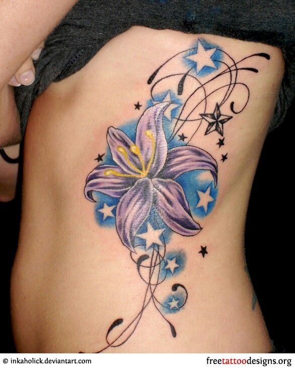 Colorful Stars Lily Flowers Tattoo On Rib Cage