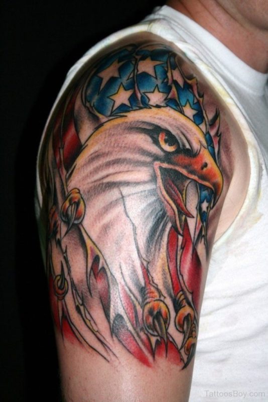 Colorful US Patriotic Eagle Ripped Skin Tattoo On Shoulder