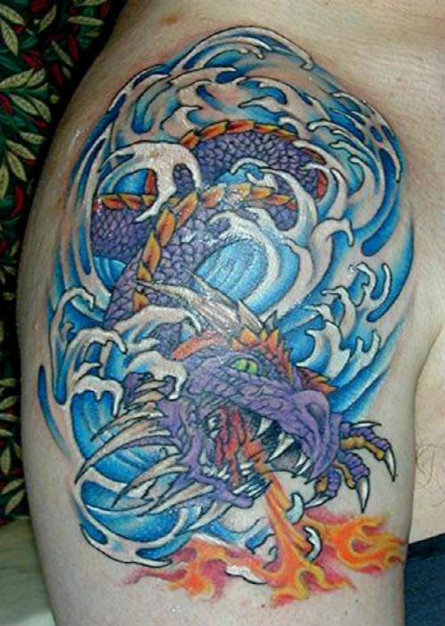 Colorful Water Dragon Tattoo On Shoulder For Men