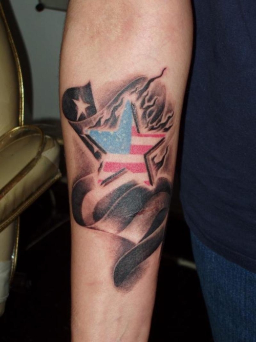 Cool American Flag Star Tattoo On Forearm