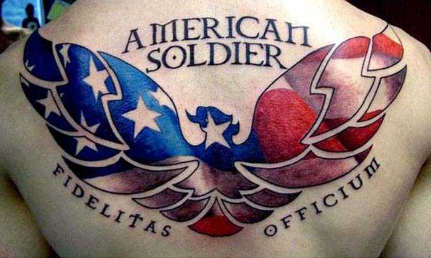 Cool American Soldier Patriotic Tattoo On Upper Back