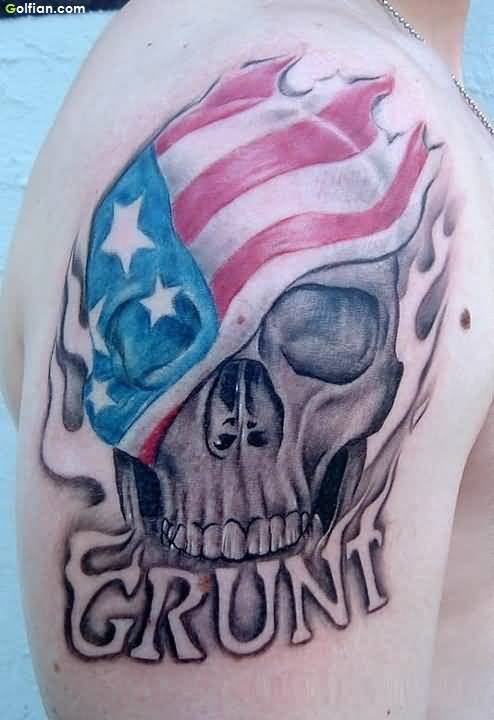 Cool Army Skull And US Flag Tattoo On Shoulder