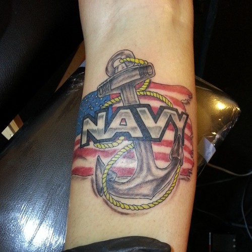 Cool Navy American Flag Tattoo On Arm