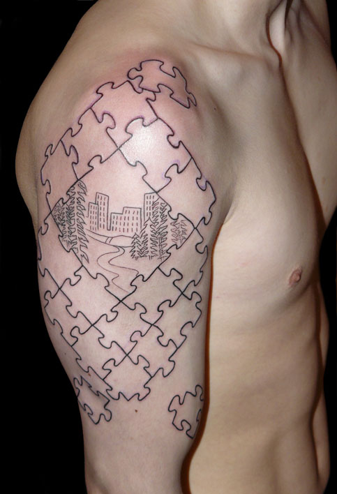 Cool Puzzle City Tattoo On Half Sleeve For Men