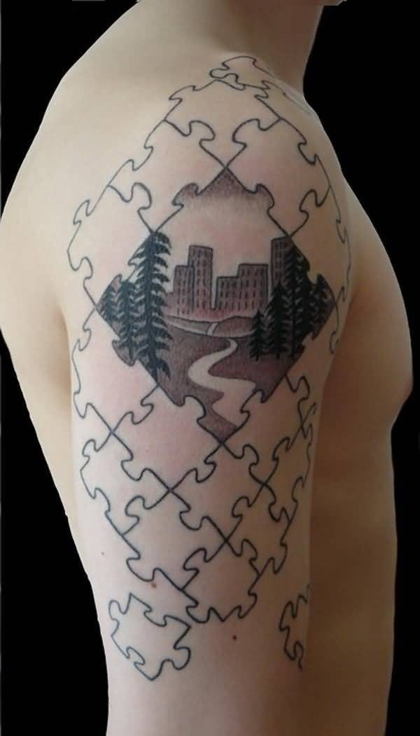 Cool Puzzle City Tattoo On Right Half Sleeve