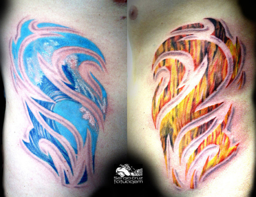 Cool-Water-And-Fire-Tribal-Tattoos-On-Rib