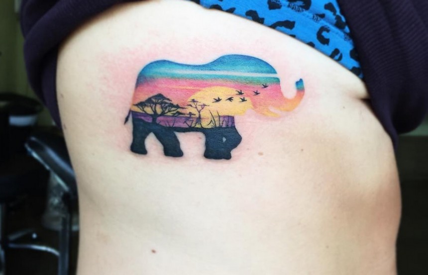 Creative Elephant Tattoo On Rib Cage