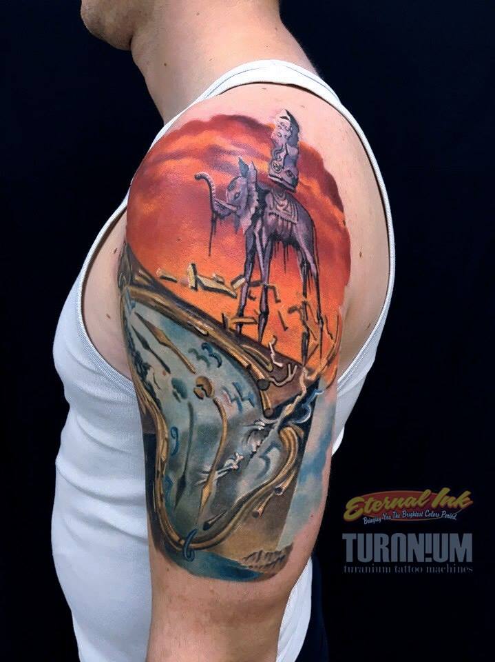 Dali Elephnat And Clock Tattoo On Left Half Sleeve by Grimmy