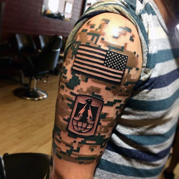 Digital Camo US Flag Army Tattoo On Half Sleeve For Men