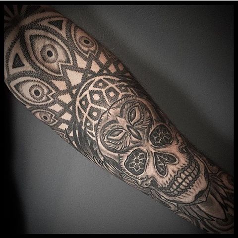 Dot Work Owl Head And Skull Tattoo On Forearm