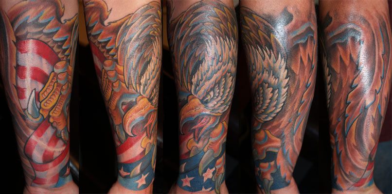 Eagle And Patriotic Flag Tattoo On Sleeve