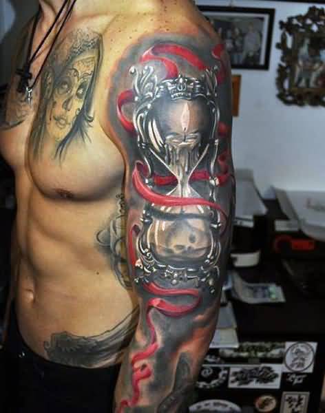 Fabulous 3D Candle Wax Dripping Hourglass Tattoo On Full Sleeve