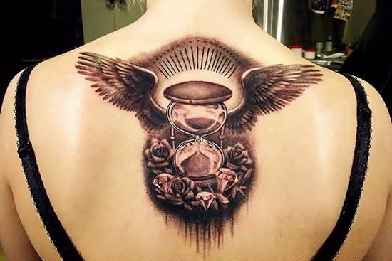 Fabulous Death Hourglass Tattoo On Upper Back