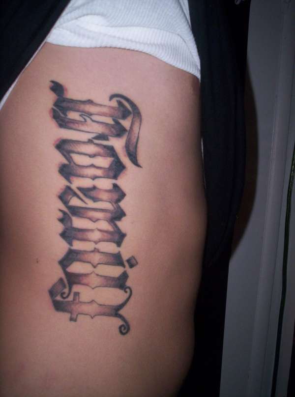 Family Ambigram Font Tattoo On Rib Cage