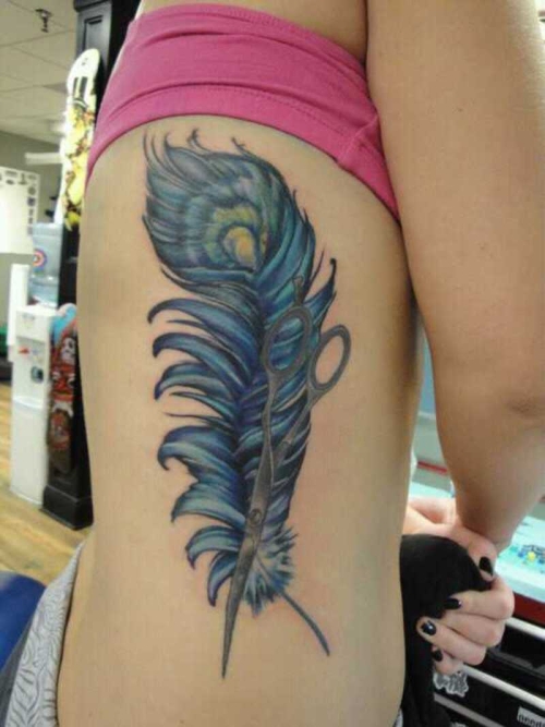 Feather And Scissor Tattoo On Rib Cage