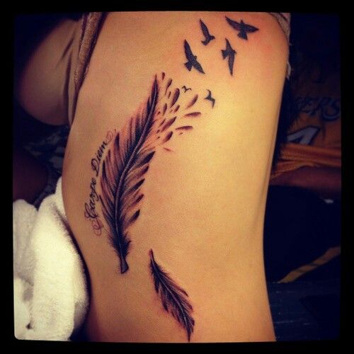 Feathers With Birds Silhouette Tattoo On Left Rib Cage