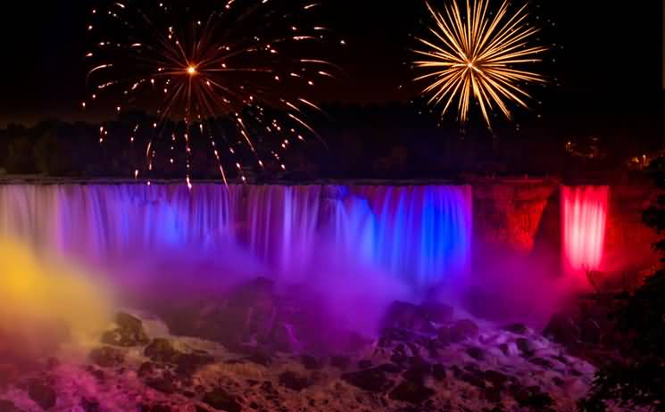 Fireworks And Colorful Nights Over The Niagara Falls