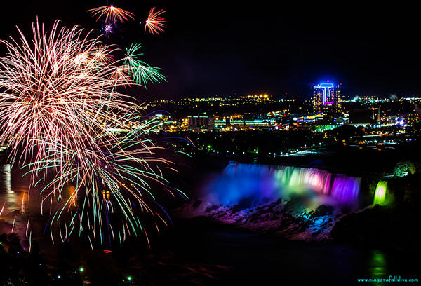 Fireworks And Rainbow Lights At Niagara Falls During Night