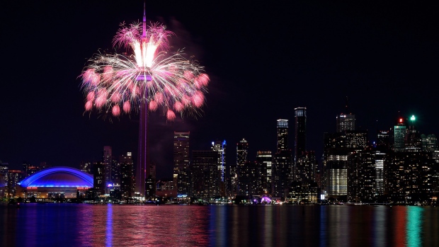 Fireworks Over The CN Tower At Night