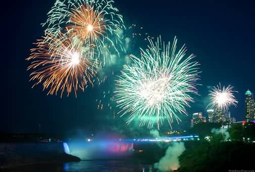 Fireworks Over The Niagara Falls At Night