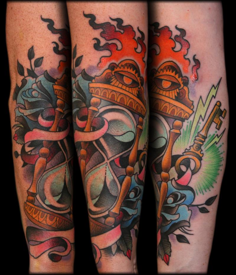 Flaming Hourglass Tattoo On Full Sleeve