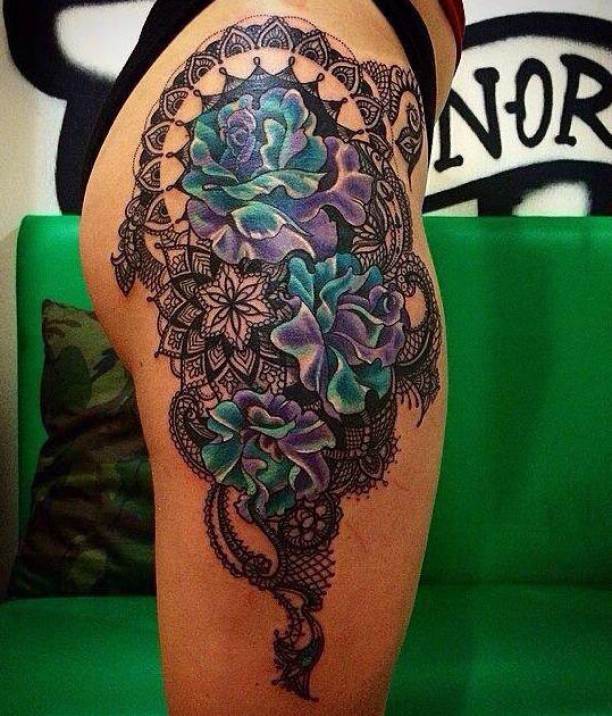 Flower Maori Tattoo On Woman Upper Leg