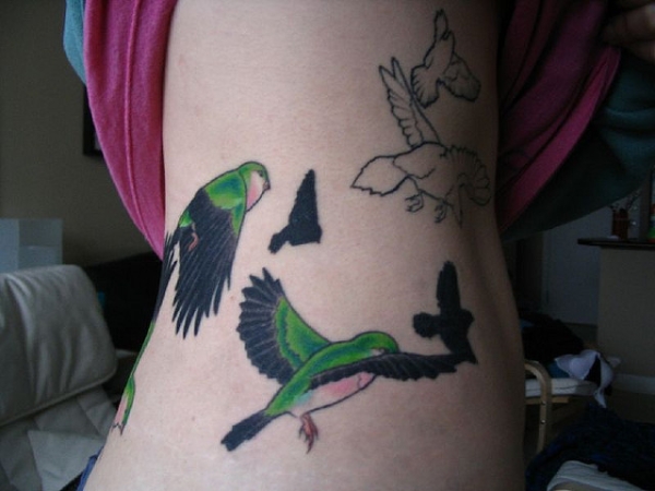 Flying Colored Birds Rib Cage Tattoo