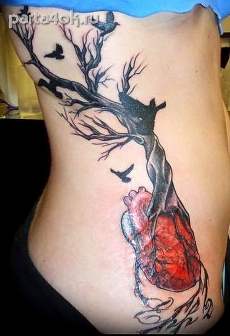 Free Heart Tree Birds Tattoo On Rib Cage