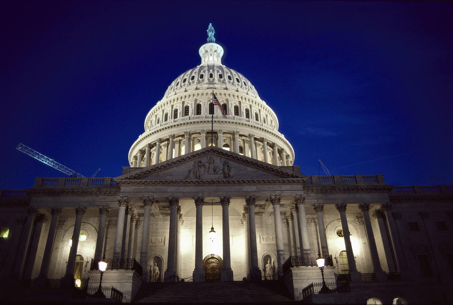 Front Facade Of United States Capitol Night View