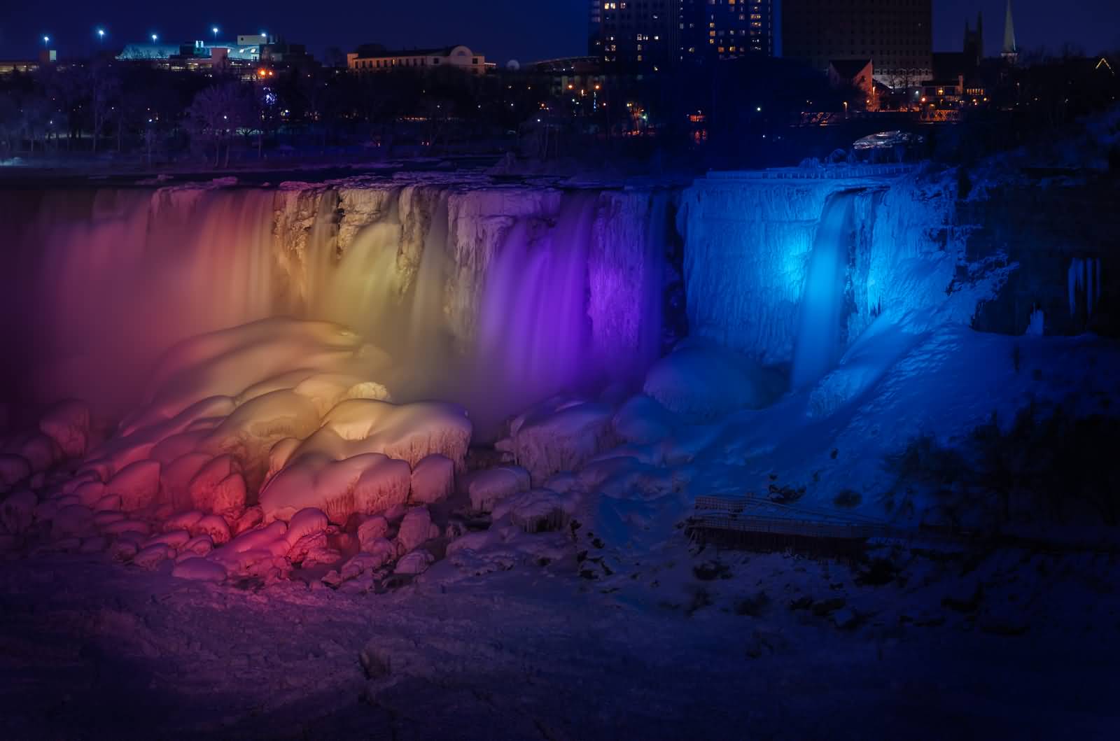 Frozen Niagara Falls With Night Lights