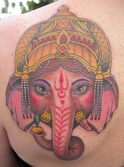 Ganesha Head Tattoo On Left Back Shoulder by Ami James