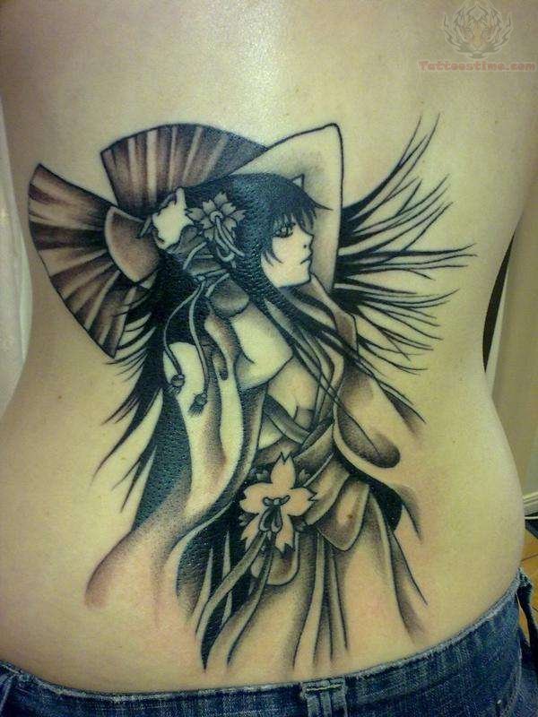Geisha Girl Anime Tattoo On Lower Back