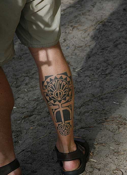 Graphical Maori Tattoo On Back Leg