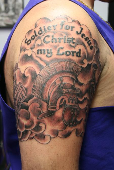 Grey And Black Armor Of God Tattoo On Shoulder