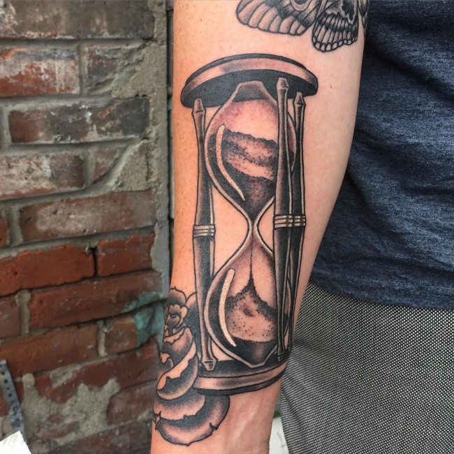 Grey Hourglass Traditional Tattoo On Arm Sleeve