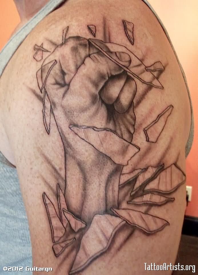 Grey Ink Hand And Broken Glass Tattoo On Shoulder