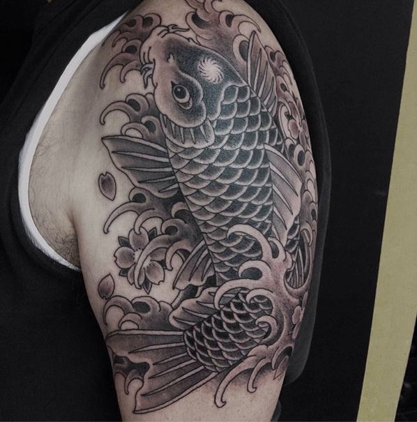 Grey Ink Japanese Koi Tattoo On Left Shoulder by Chris Nunez