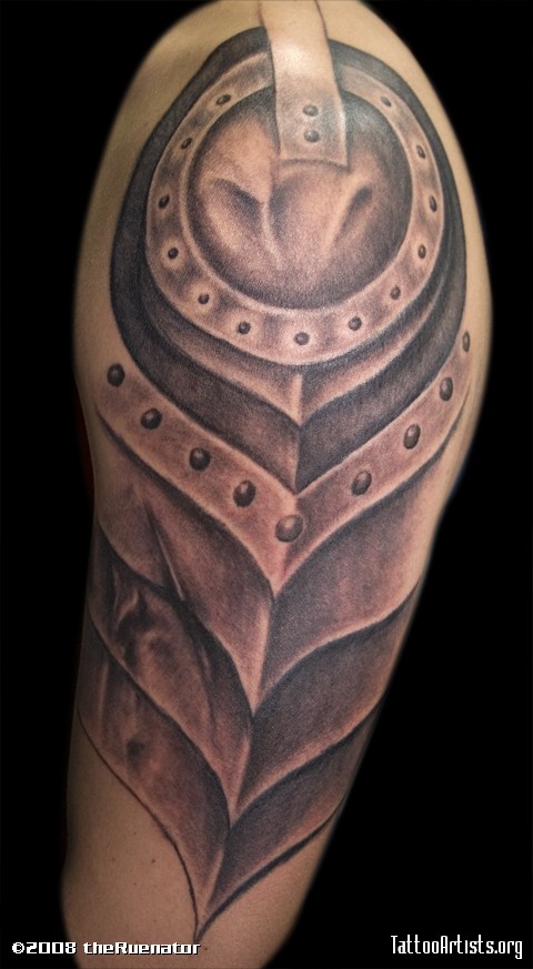 Grey Ink Knight Armor Shoulder Tattoo