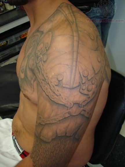 Grey Ink Medieval Armor Sleeve Tattoo